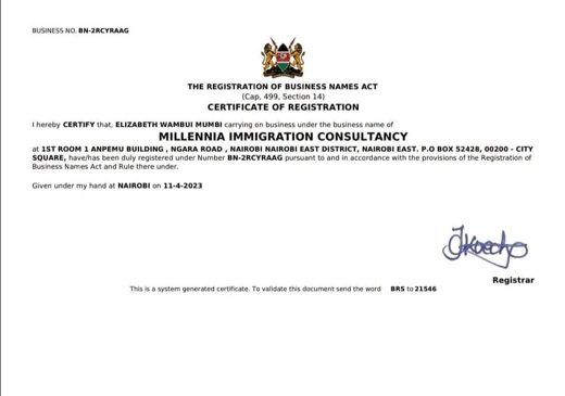 Certificate of registration of the business name Millennia Immigration Consultancy